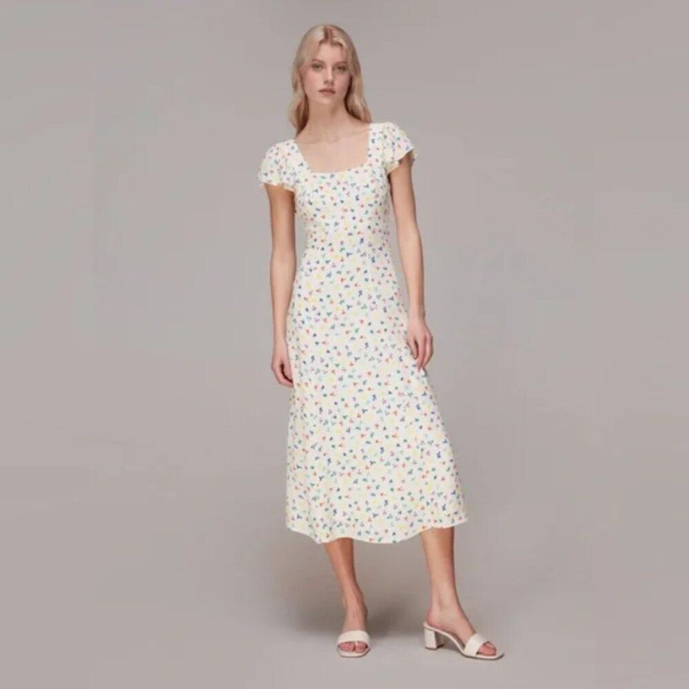 Whistles Multicolor Dancing Floral Square Neck Midi Ruffle Sleeve Dress Size 6